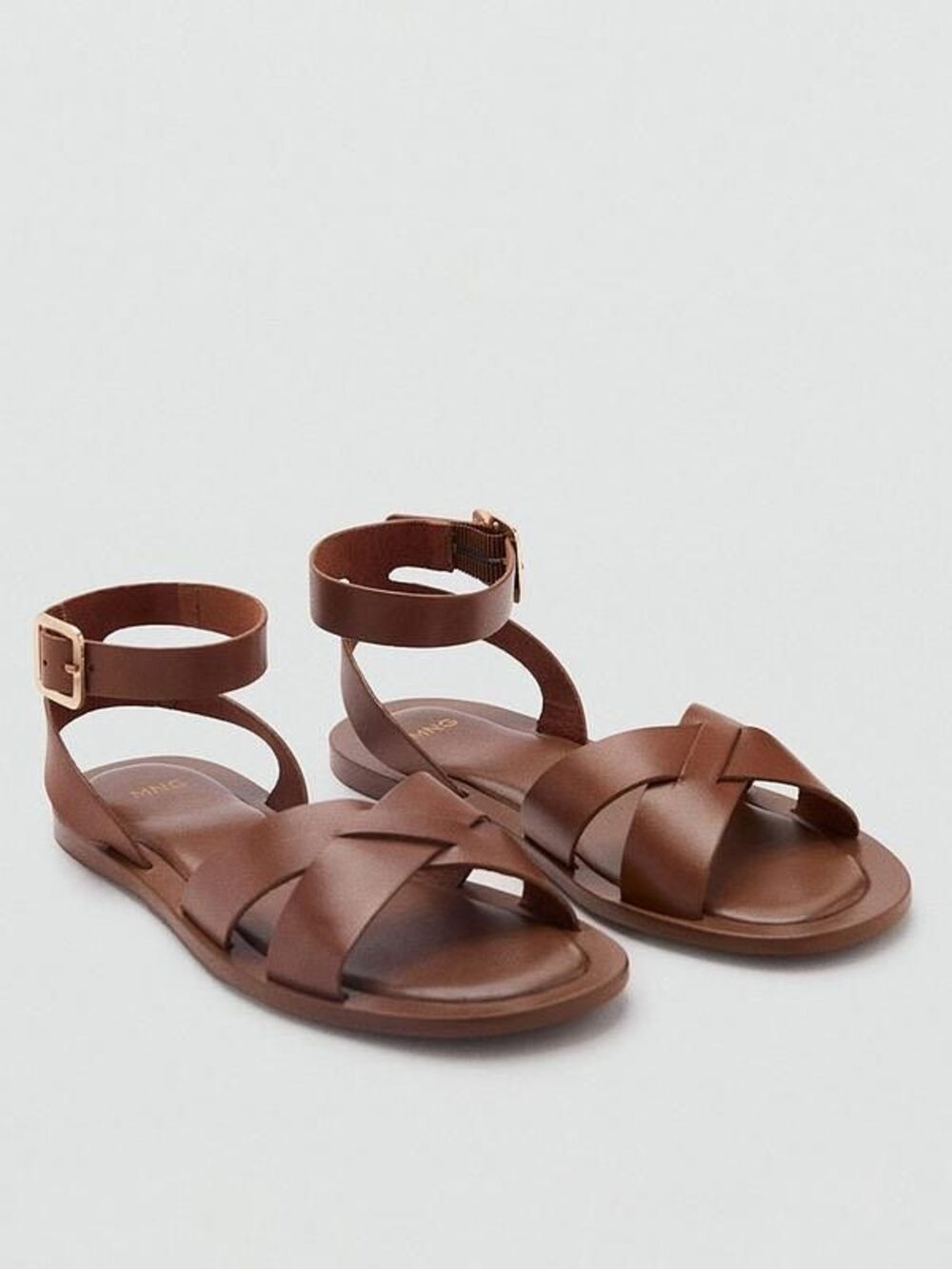 Mango $99 Leather Gladiator Flat Sandals Brown Buckle Strap 37 6.5-7 NEW